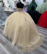 Exquisite Champagne Ball Gown Off-Shoulder Beaded Lace Quinceanera Dress for Sweet 16 & Formal Galas